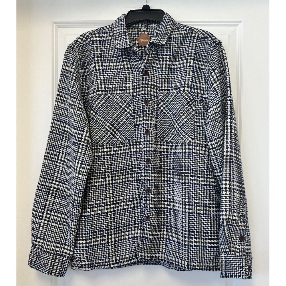 Common People Shacket Mens Medium Blue Green Plaid Woven Shirt Jacket Overshirt
